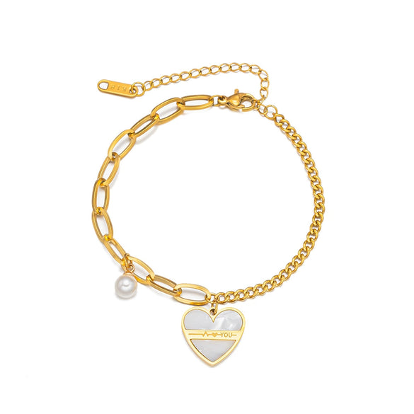Wholesale Asymmetrical Pearl Heart Pendant Titanium Steel Bracelet For Women With Electroplating Design