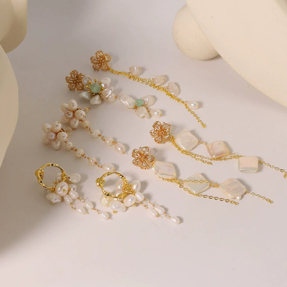 Wholesale Baroque Asymmetrical Earrings With Natural Pearl Flower Tassel Retro Temperament Metal Material And Electroplating Design