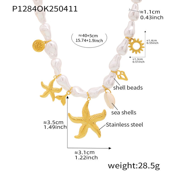 Wholesale Baroque Beads Starfish Multiaccessories Collarbone Necklace In Stainless Steel Shell Beads With Electroplating Geometric Pattern For Women Light Luxury Minimalist Style