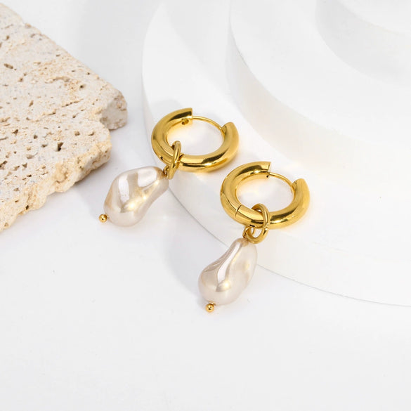 Wholesale Baroque Imitation Freshwater Pearl Earrings High Sense Geometric 18K Gold Plated Stainless Steel Pvdp Furnace Real Gold Process For Women