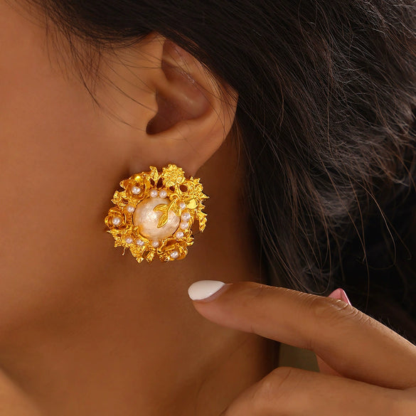 Wholesale Baroque Retro Exaggerated Middle Ancient Earrings With Antique Laminated Flower Design And Geometric Pattern Electroplated