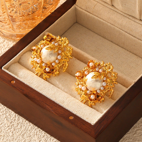 Wholesale Baroque Retro Exaggerated Middle Ancient Earrings With Antique Laminated Flower Design And Geometric Pattern Electroplated