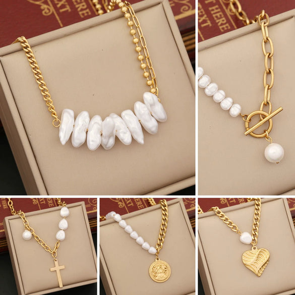 Wholesale Baroque Style Imitation Pearl And Stainless Steel Cuban Chain Electroplated Necklace For Women