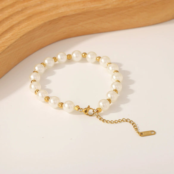 Wholesale Baroque Style Stainless Steel 18K Gold Plated Artificial Pearl String Gold Beads Geometric Bracelet With 18K Vacuum Plating In Furnace For Women