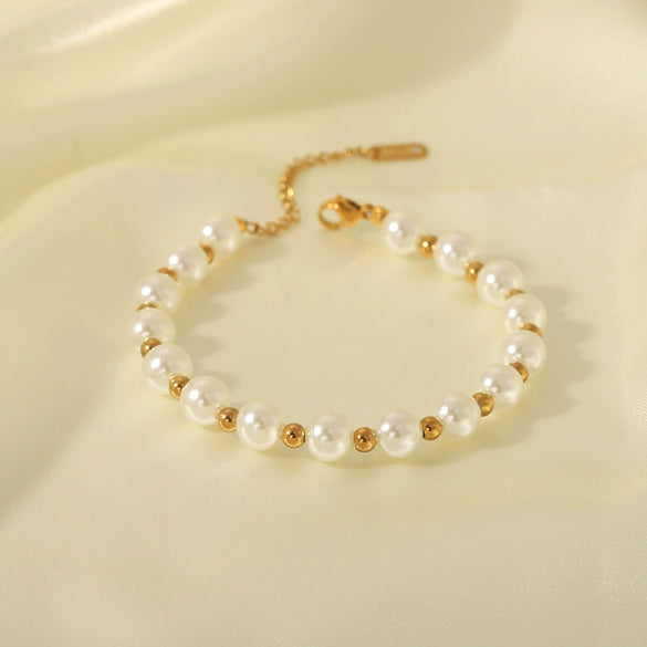 Wholesale Baroque Style Stainless Steel 18K Gold Plated Artificial Pearl String Gold Beads Geometric Bracelet With 18K Vacuum Plating In Furnace For Women