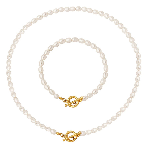 Wholesale Baroque Style Titanium Steel Freshwater Pearl Necklace And Bracelet Jewelry Set With Otto Buckle And Electroplating