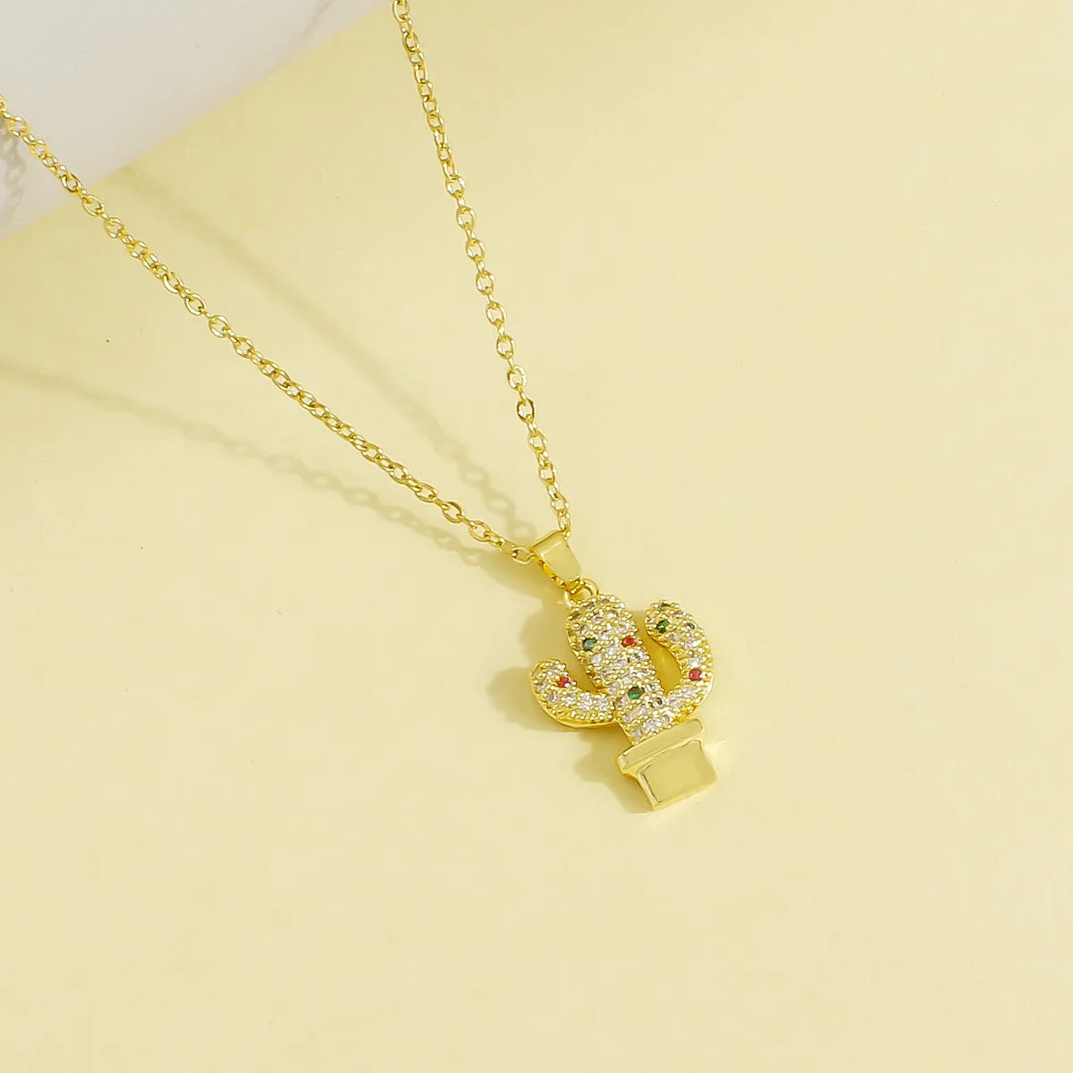 Wholesale Basic Modern Style Classic Style Cactus Plant 304 Stainless Steel Copper Plating Inlay 18K Gold Plated Zircon Pendant Necklace