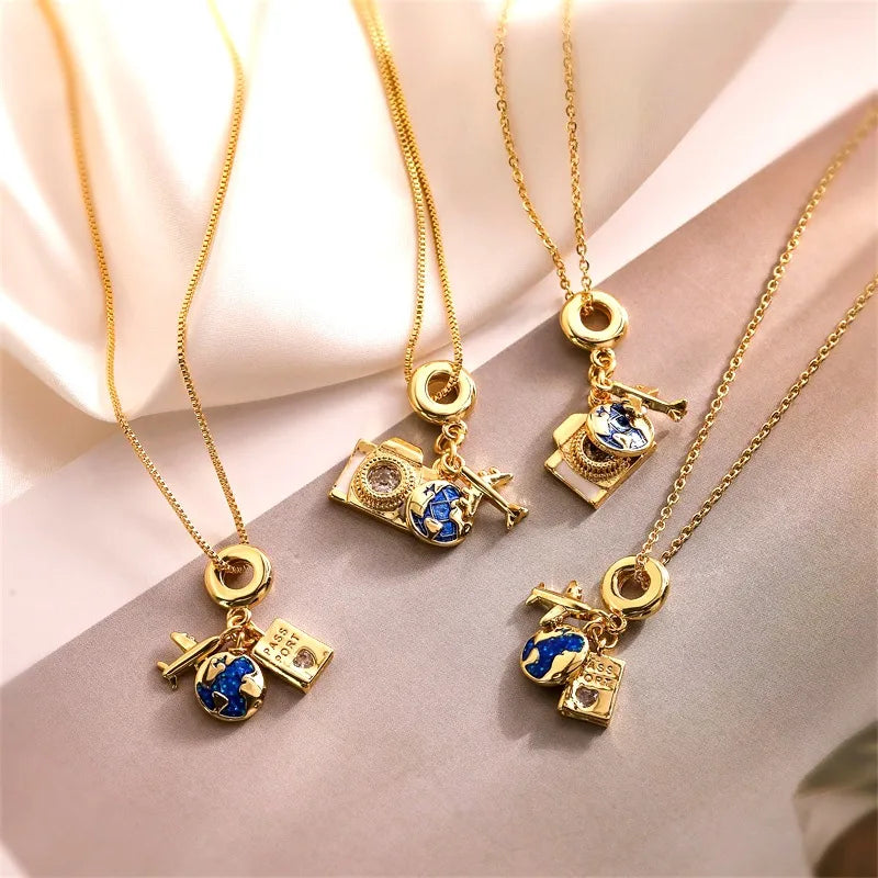 Wholesale Basic Modern Style Classic Style Earth Camera Copper Enamel Inlay Zircon Pendant Necklace