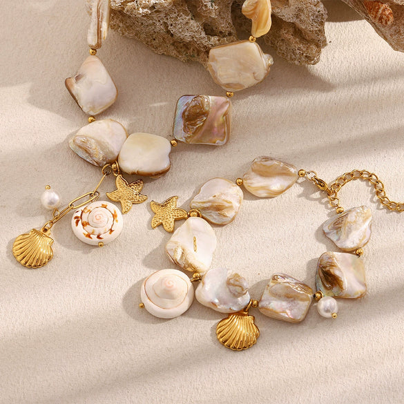 Wholesale Beach Bracelet Necklace With Exaggerated Baroque Shell Pendant Stainless Steel 18K Gold Plated Marine Life Pattern Electroplated