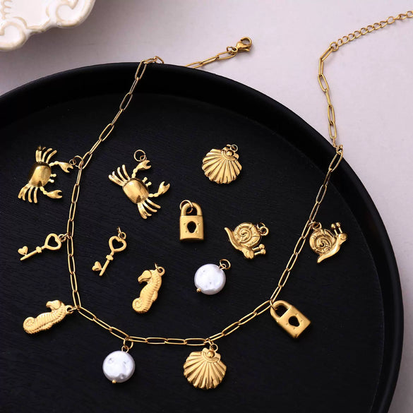 Wholesale Beach Starfish And Conch Pendant Necklace Natural Style Stainless Steel Mixed Gemstone Inlay 18K Gold Plated