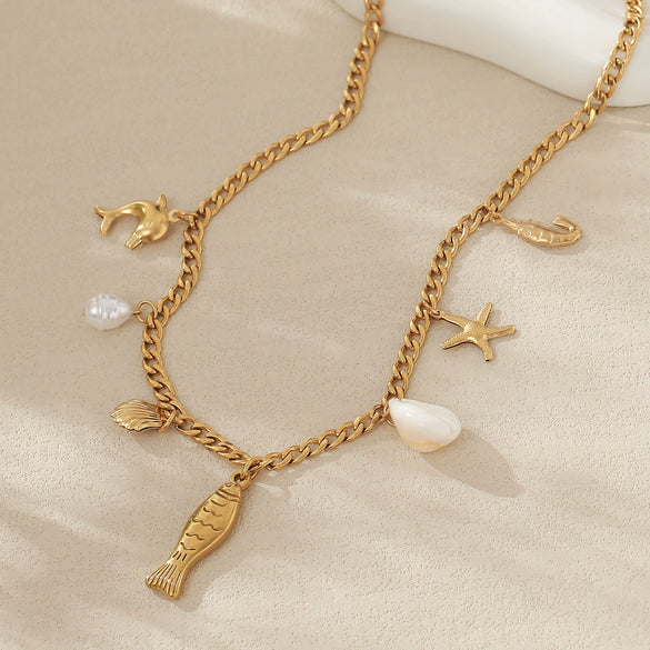 Wholesale Beach Summer Fashion Starfish Conch Pearl Jewelry Titanium Steel Ocean Clavicle Chain With Electroplating For Women