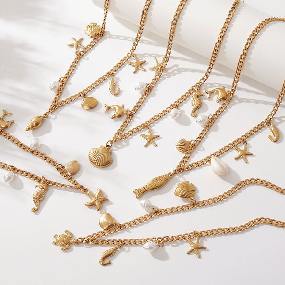 Wholesale Beach Summer Fashion Starfish Conch Pearl Jewelry Titanium Steel Ocean Clavicle Chain With Electroplating For Women