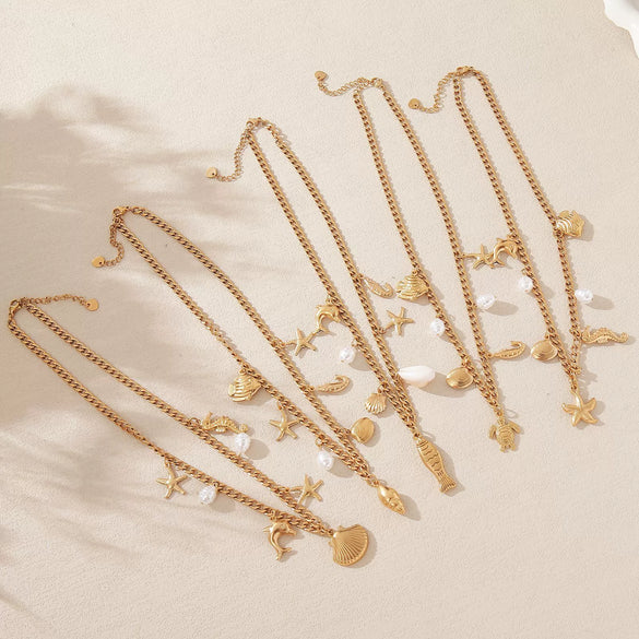 Wholesale Beach Summer Fashion Starfish Conch Pearl Jewelry Titanium Steel Ocean Clavicle Chain With Electroplating For Women