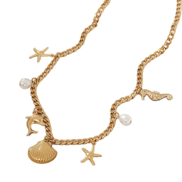 Wholesale Beach Summer Fashion Starfish Conch Pearl Jewelry Titanium Steel Ocean Clavicle Chain With Electroplating For Women