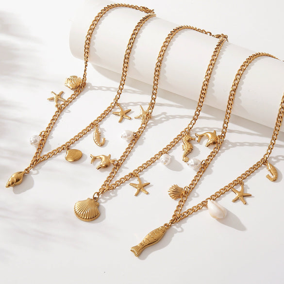 Wholesale Beach Summer Fashion Starfish Conch Pearl Jewelry Titanium Steel Ocean Clavicle Chain With Electroplating For Women