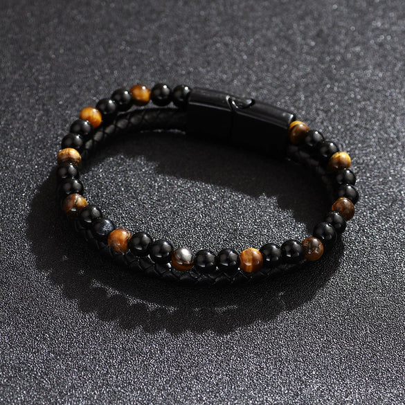 Wholesale Beaded And Leather Woven Bracelet Natural Tiger Eye Volcanic Stone Handmade Geometric Style Unisex