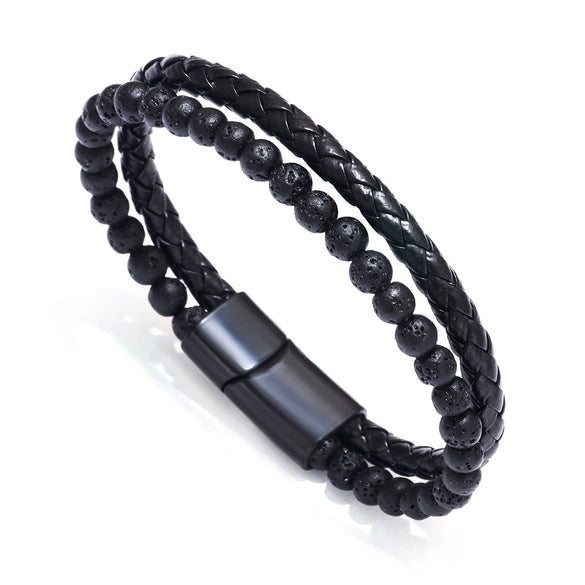 Wholesale Beaded And Leather Woven Bracelet Natural Tiger Eye Volcanic Stone Handmade Geometric Style Unisex