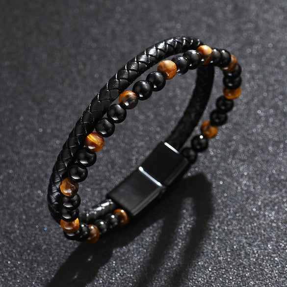 Wholesale Beaded And Leather Woven Bracelet Natural Tiger Eye Volcanic Stone Handmade Geometric Style Unisex