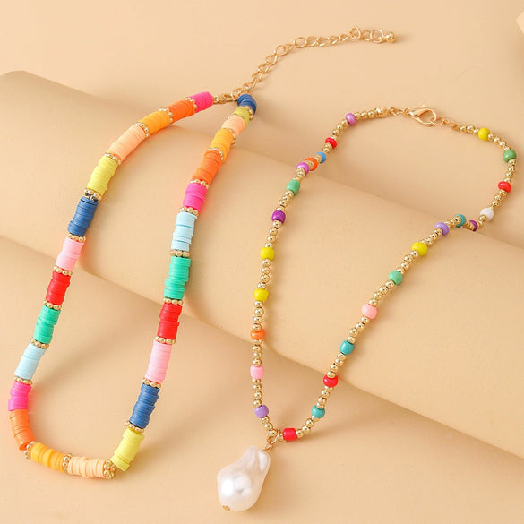 Wholesale Beaded Clavicle Chain And Pendant Necklace Soft Pottery Bohemian Geometric Handmade Style For Women