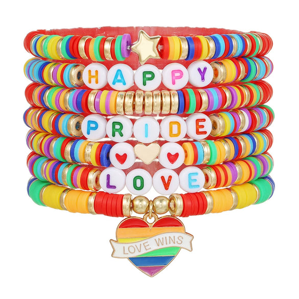 Wholesale Beaded Elastic Soft Ceramic Bracelet With Rainbow Love Pendant Geometric Handmade Polymer Clay Acrylic Glass Beads Unisex Boyfriend Style