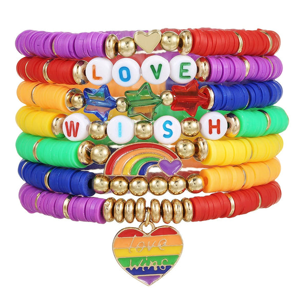 Wholesale Beaded Elastic Soft Ceramic Bracelet With Rainbow Love Pendant Geometric Handmade Polymer Clay Acrylic Glass Beads Unisex Boyfriend Style