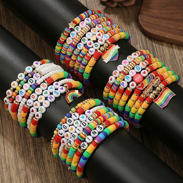Wholesale Beaded Elastic Soft Ceramic Bracelet With Rainbow Love Pendant Geometric Handmade Polymer Clay Acrylic Glass Beads Unisex Boyfriend Style