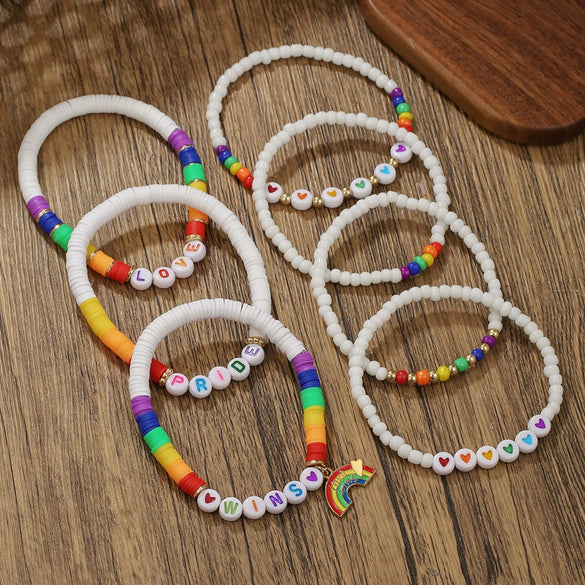 Wholesale Beaded Elastic Soft Ceramic Bracelet With Rainbow Love Pendant Geometric Handmade Polymer Clay Acrylic Glass Beads Unisex Boyfriend Style