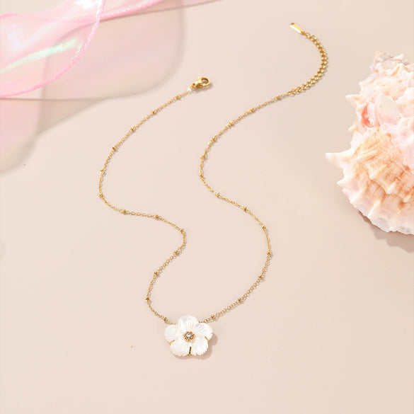 Wholesale Beaded Flower Stacked Stainless Steel 18K Gold Plated Geometric Style Necklace For Women