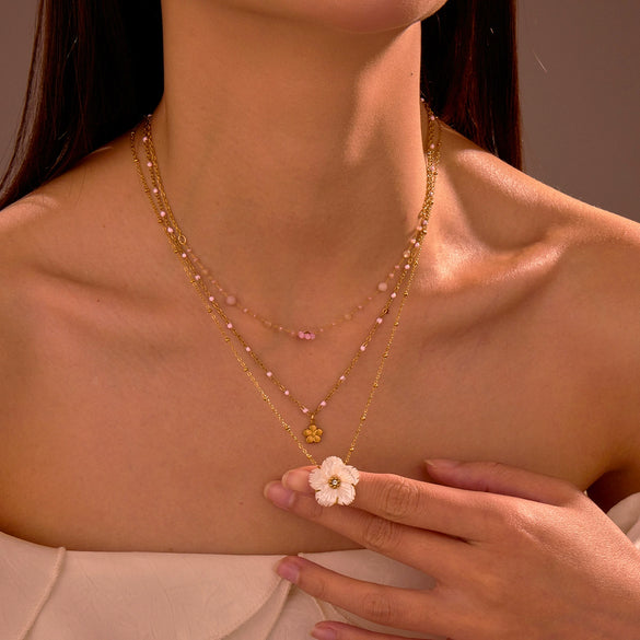 Wholesale Beaded Flower Stacked Stainless Steel 18K Gold Plated Geometric Style Necklace For Women
