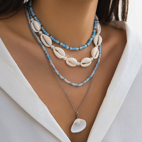 Wholesale Beaded Imitation Pearl Necklace With Starfish Shell Retro Style And Electroplating Processing