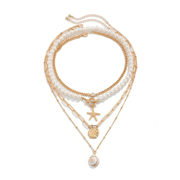 Wholesale Beaded Imitation Pearl Necklace With Starfish Shell Retro Style And Electroplating Processing