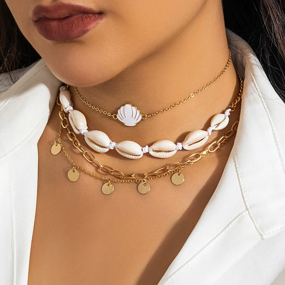 Wholesale Beaded Imitation Pearl Necklace With Starfish Shell Retro Style And Electroplating Processing