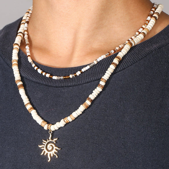 Wholesale Beaded Necklace Coconut Shell Rice Beads Alloy Handmade Geometric Style Men's Hiphop Niche Sun Pendant Doublelayer Clavicle Chain
