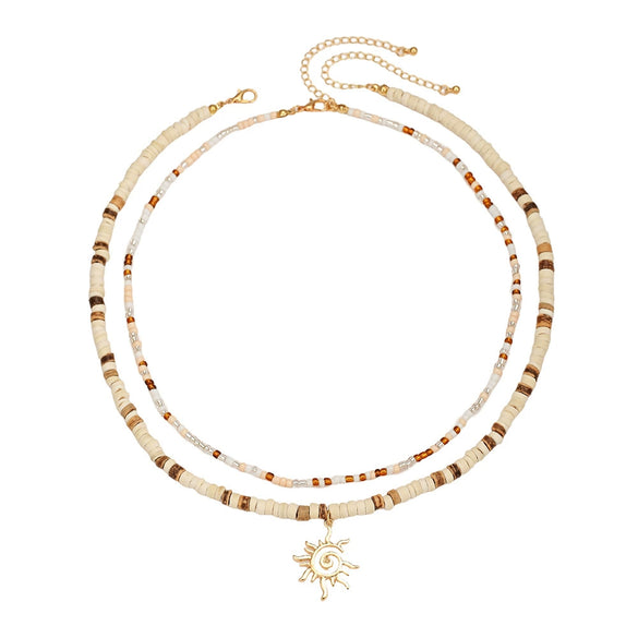 Wholesale Beaded Necklace Coconut Shell Rice Beads Alloy Handmade Geometric Style Men's Hiphop Niche Sun Pendant Doublelayer Clavicle Chain
