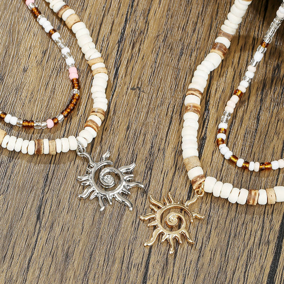 Wholesale Beaded Necklace Coconut Shell Rice Beads Alloy Handmade Geometric Style Men's Hiphop Niche Sun Pendant Doublelayer Clavicle Chain