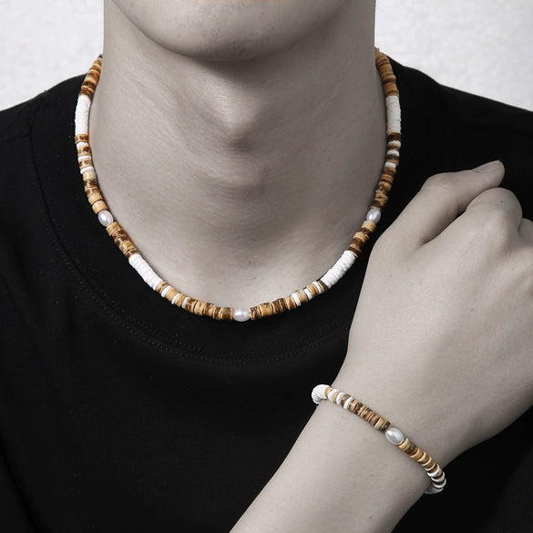 Wholesale Beaded Necklace Coconut Shell Wood Stainless Steel Pearl Handmade Geometric Style For Men