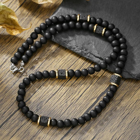 Wholesale Beaded Necklace Handmade Black Matte Volcanic Stone And Organic Glass Geometric Style Unisex