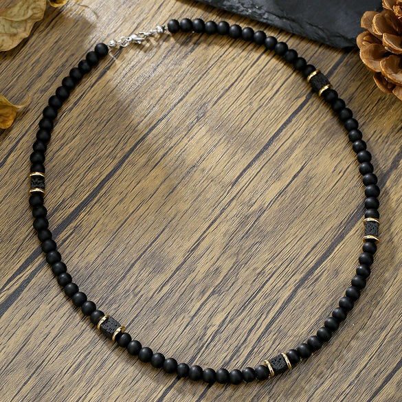 Wholesale Beaded Necklace Handmade Black Matte Volcanic Stone And Organic Glass Geometric Style Unisex