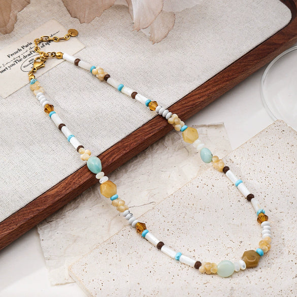 Wholesale Beaded Necklace Shell Blue Pine White Pine Titanium Steel Geometric Handmade Bohemian Style