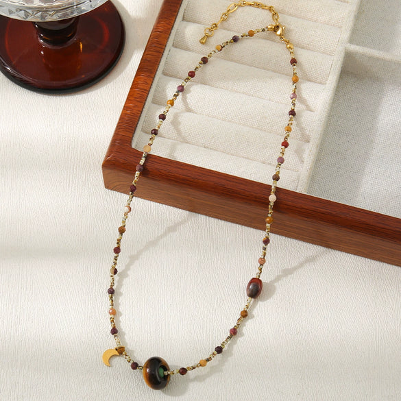 Wholesale Beaded Necklace Tiger Eye Czech Beads Egg Yolk Stone Stainless Steel Geometric Handmade For Women