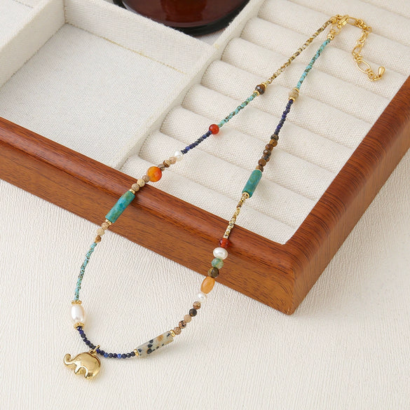 Wholesale Beaded Necklace With Elephant Pendant Czech Beads Lapis Lazuli Picture Stone Tiger's Eye Stone Natural Freshwater Pearls Copper Handmade Geometric Design For Women