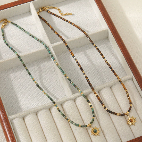 Wholesale Beaded Necklace With Tiger Eye Stone And Titanium Steel Sunflower Star Pendant Handmade Geometric Style For Women