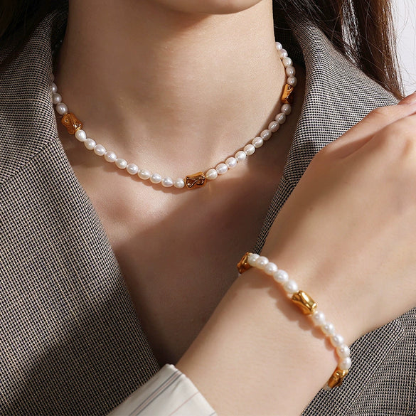 Wholesale Beaded Pearl 316L Stainless Steel Necklace And Bracelet Set For Women Sweet Style Electroplating Design