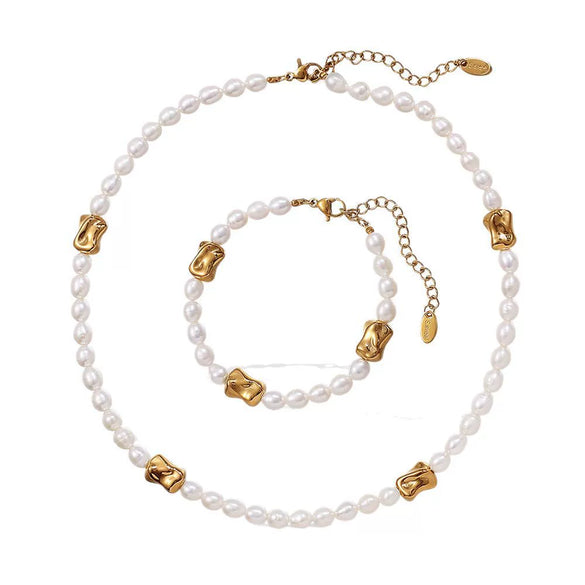 Wholesale Beaded Pearl 316L Stainless Steel Necklace And Bracelet Set For Women Sweet Style Electroplating Design
