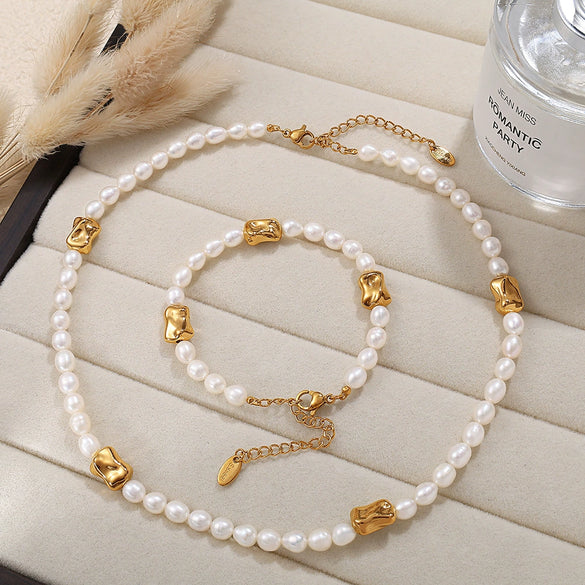 Wholesale Beaded Pearl 316L Stainless Steel Necklace And Bracelet Set For Women Sweet Style Electroplating Design