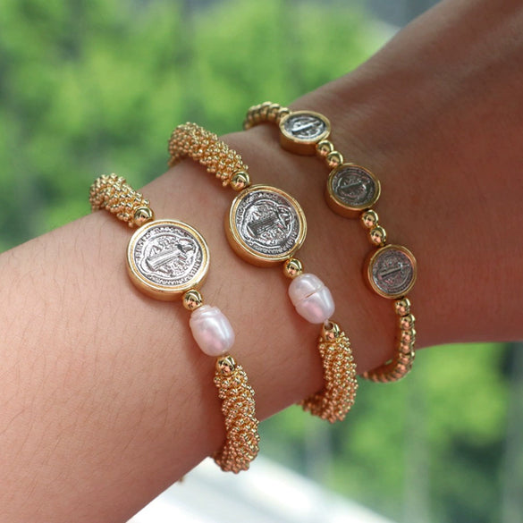 Wholesale Beaded Retro Religious Geometric Round Virgin Pearl Golden Snowflake Adjustable Bracelet Micropaved