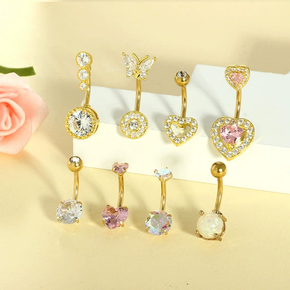 Wholesale Belly Button Ring Set Stainless Steel Inlaid Zircon Heart Shape For Women