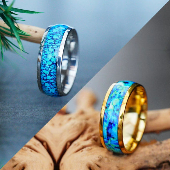 Wholesale Blue Stone Pattern Sticker Stainless Steel Ring With Epoxy Treatment For Unisex