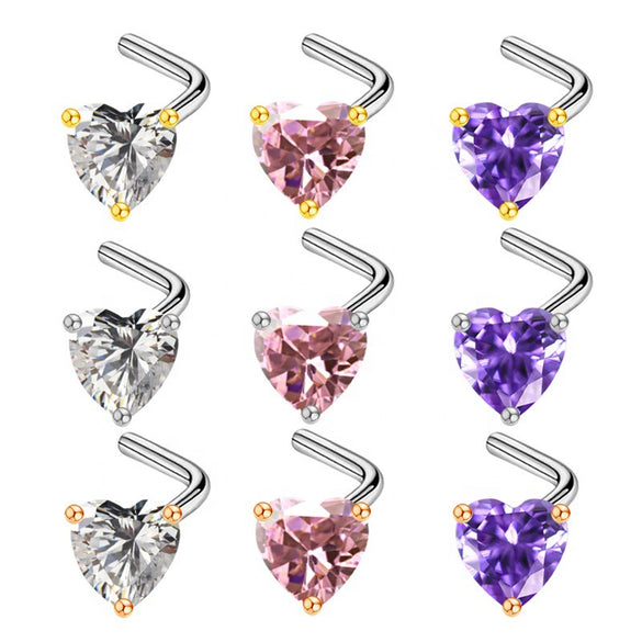 Wholesale Body Piercing Jewelry Stainless Steel Heart Shaped Nose Nail With Zircon And Electroplating Treatment