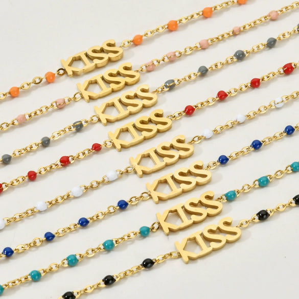 Wholesale Bohemian Bracelet With Oil Dropping Rice Beads And Letters Numbers Text Styling Stainless Steel Electroplating Treatment For Women